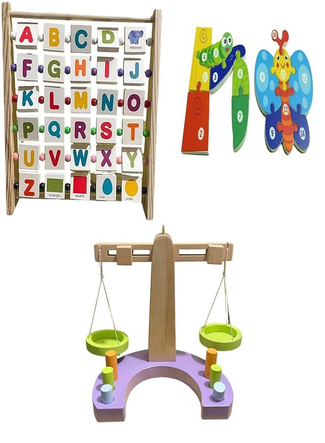Kinder Creative Alphabet Abacus Learning Toy,Butterfly Life Cycle Puzzle,Wooden Weighing Scale for Kids, Educational Puzzle and Toys for Kids Pack of 3 - Image 1